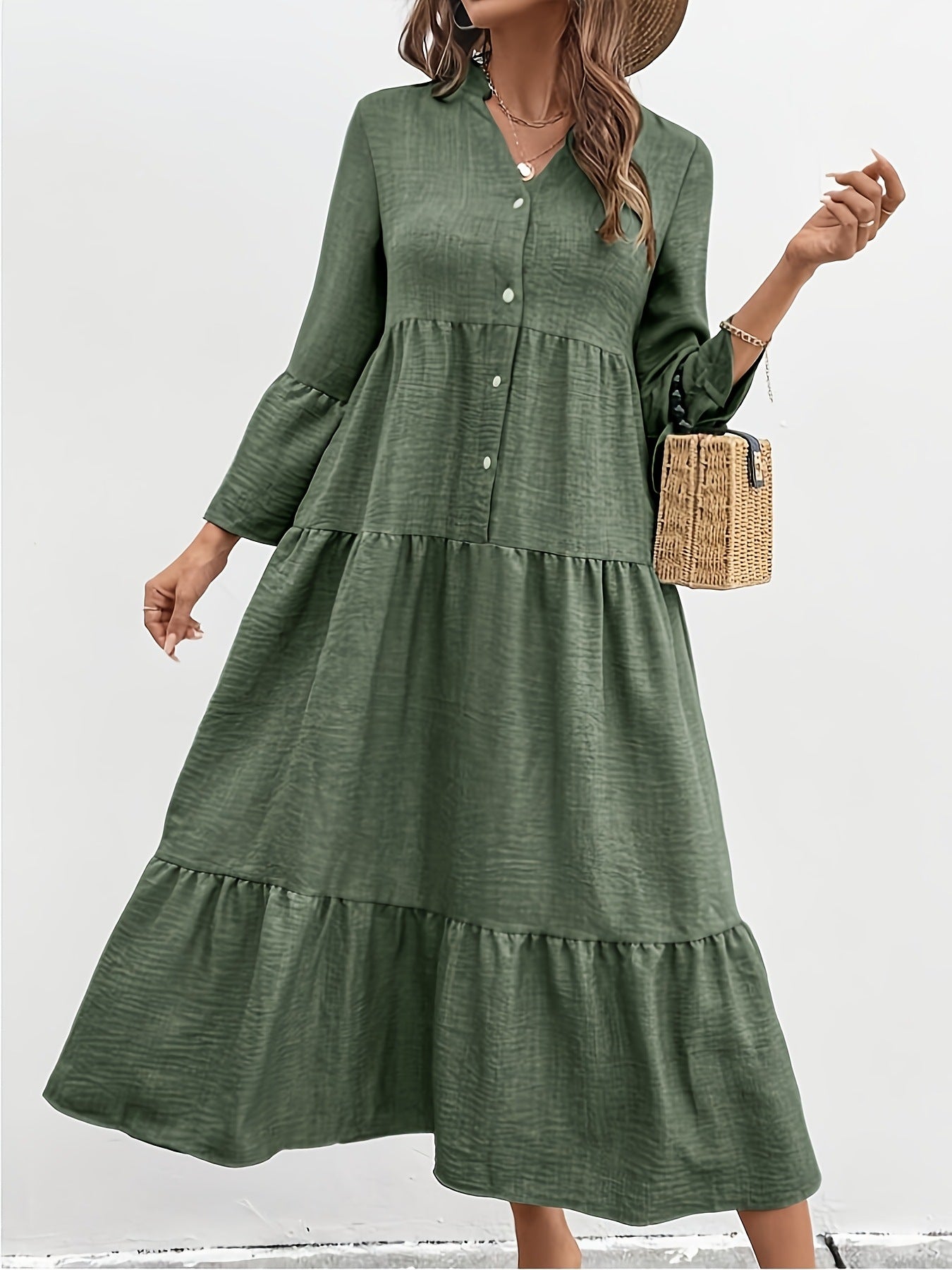 Button Front Tiered Midi Dress Elegant Casual Style Secondary image