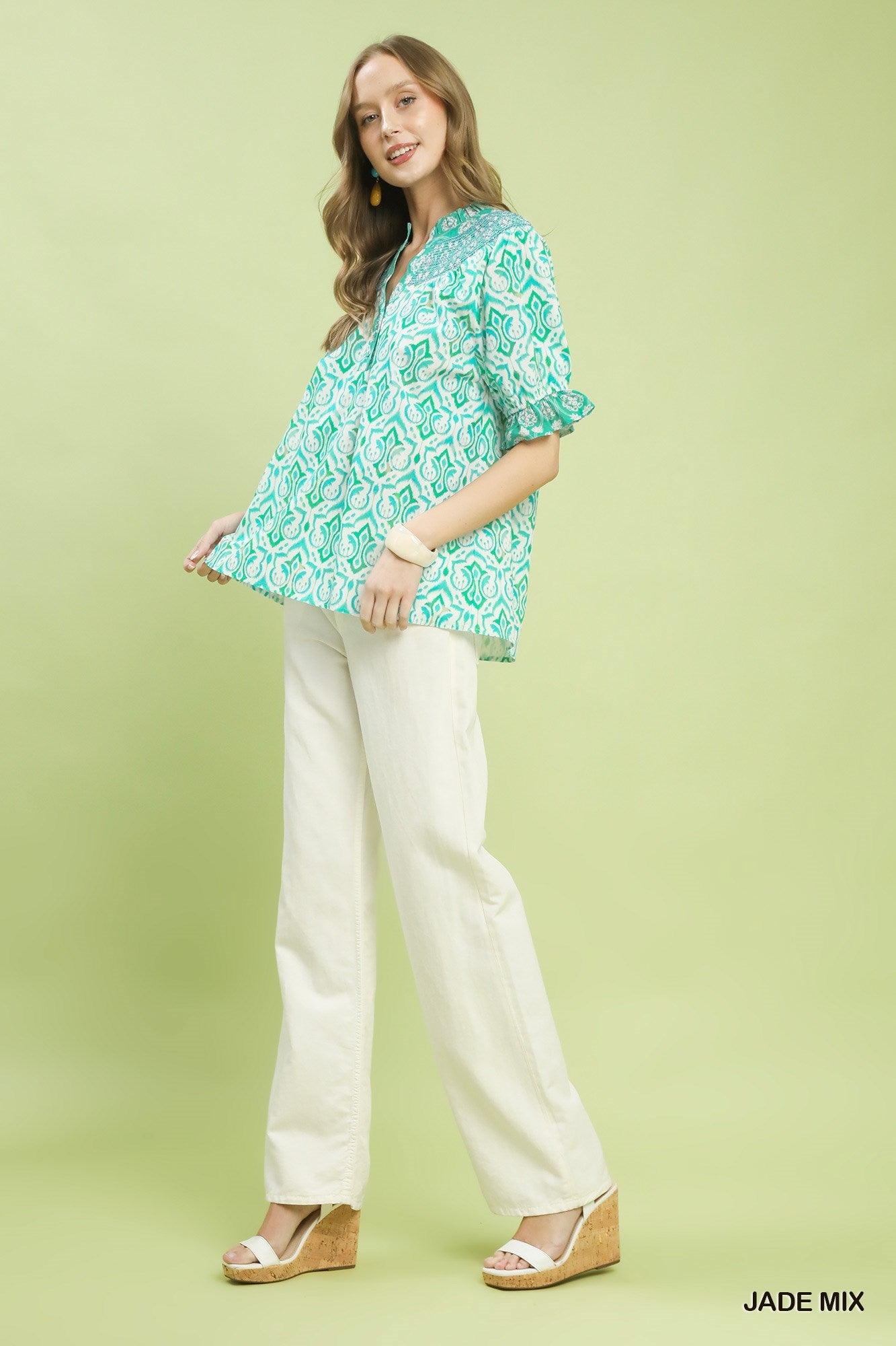 Umgee Boho Puff Sleeve Smocked Top Casual Chic Style Secondary image