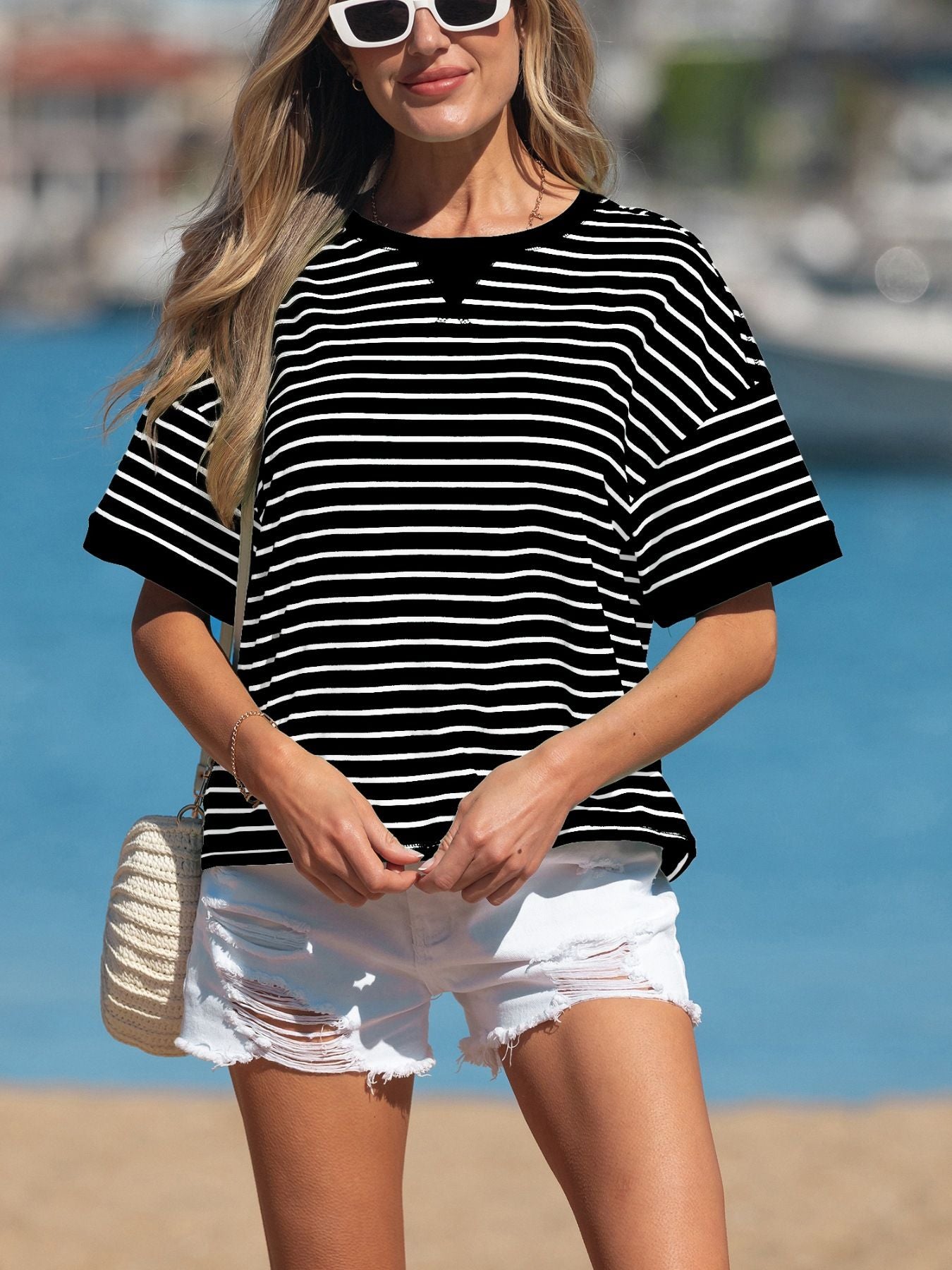 Stripe Ribbed Patchwork Seam Detail Half Sleeve Tee Secondary image