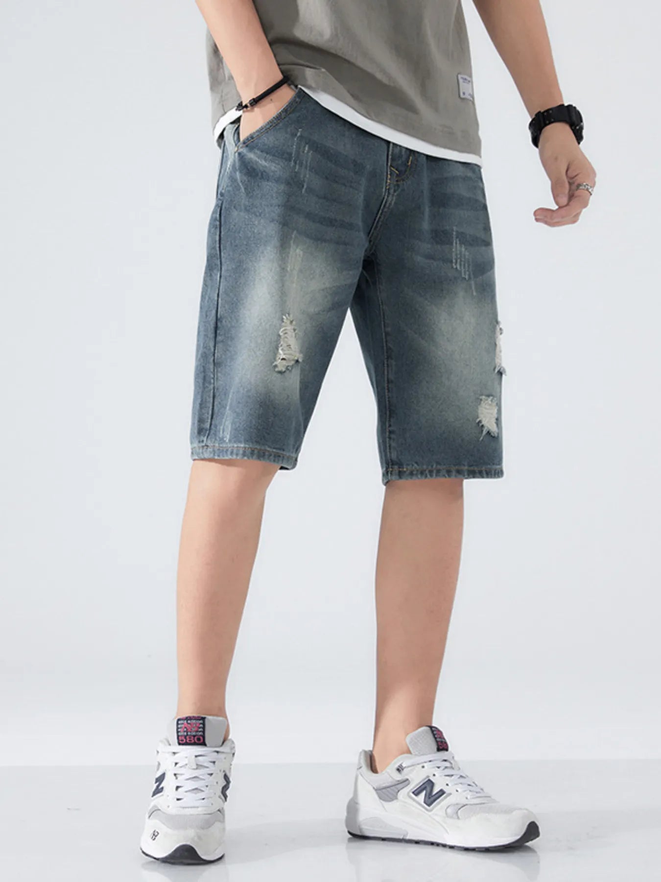 Men’s Distressed Denim Shorts with Ripped Details Streetwear Secondary image