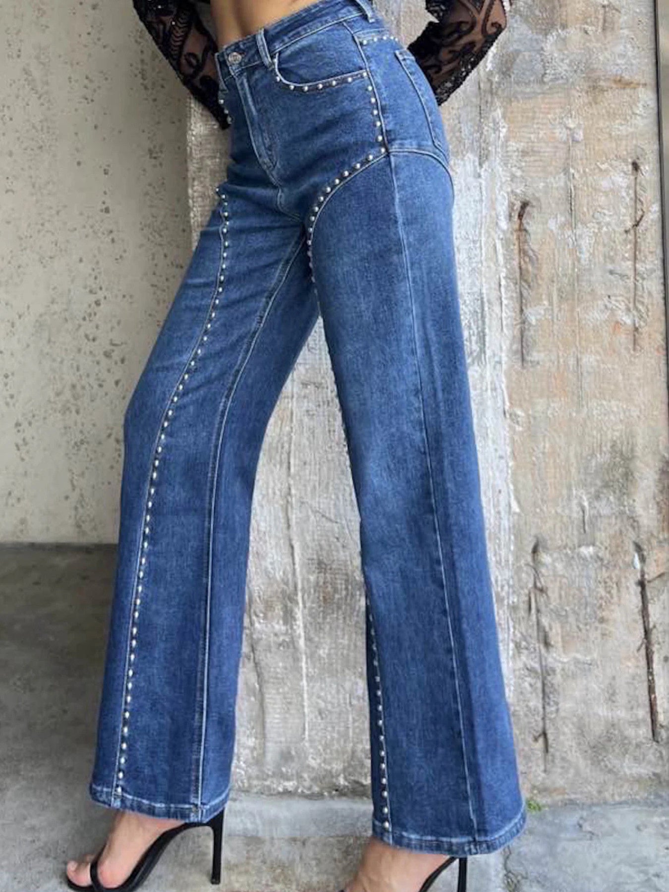 Studded Wide Leg Jeans Casual Streetwear Denim Style Secondary image