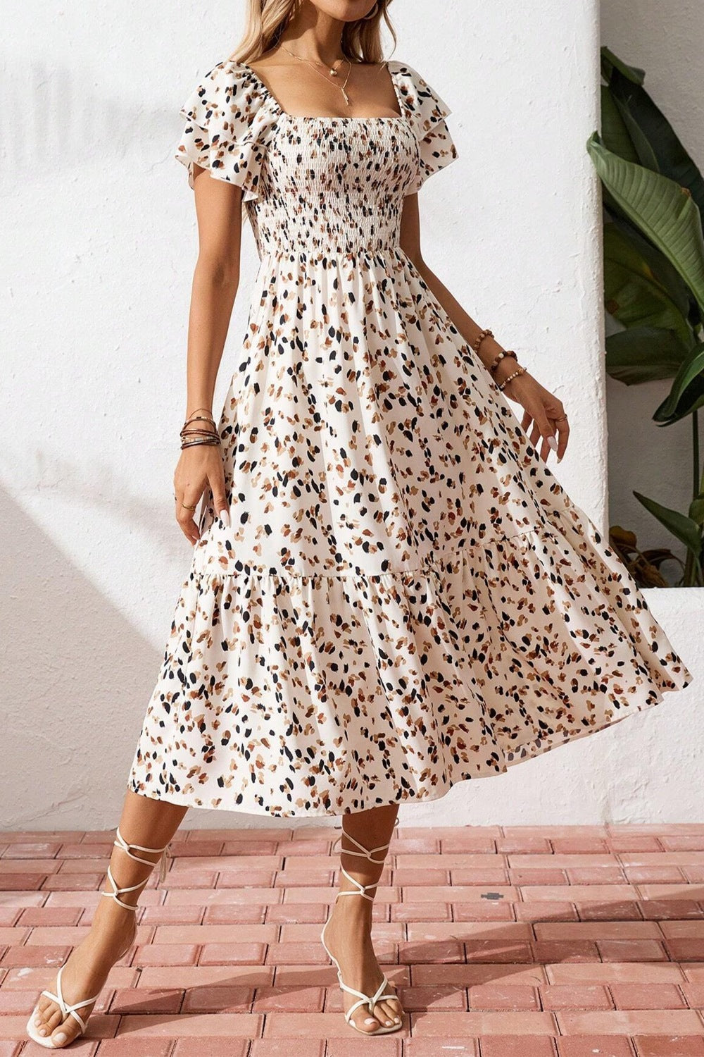 Square Neck Ruffle Sleeve Midi Dress Elegant Casual Style Secondary image