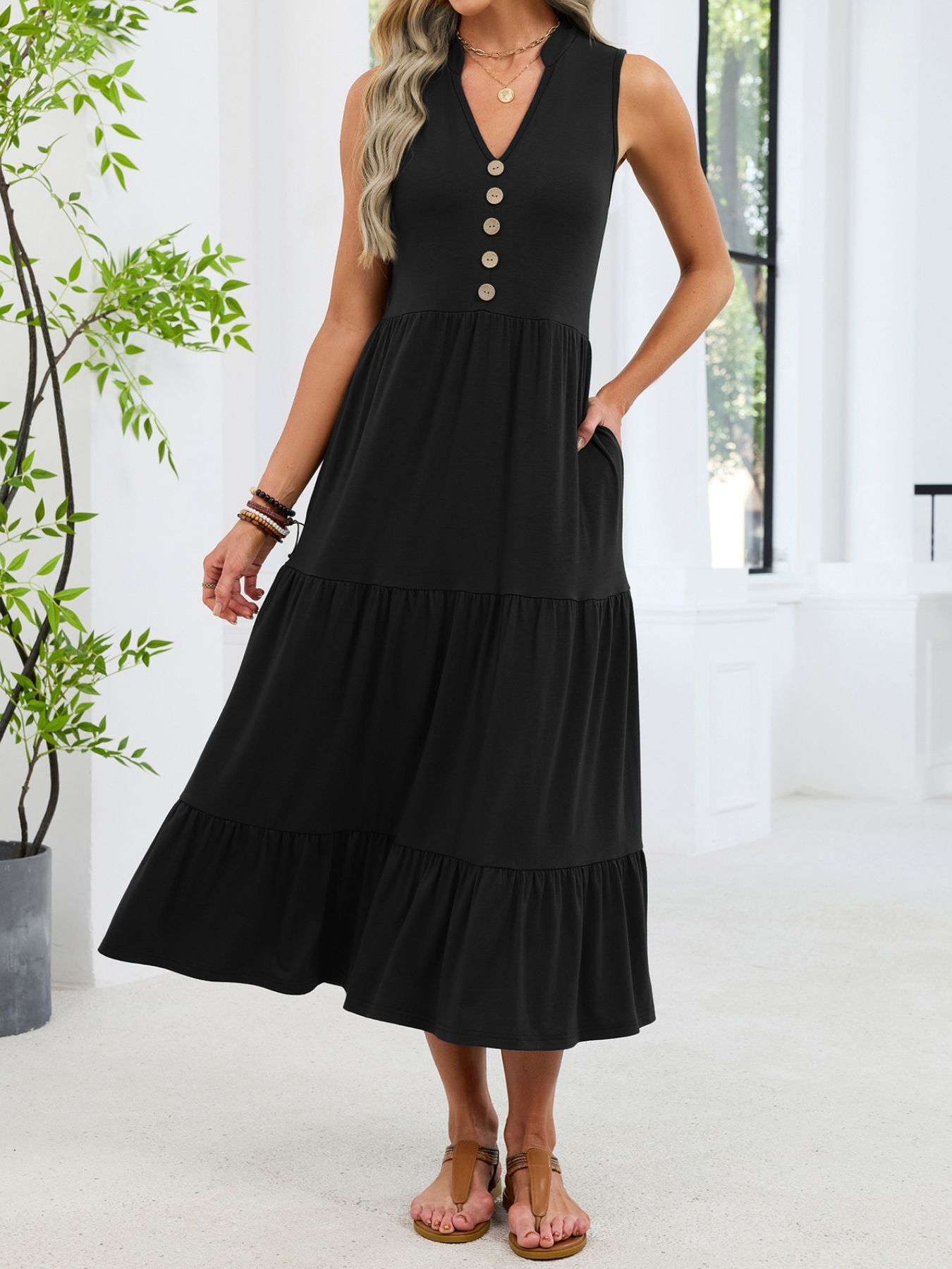 Sleeveless Notched Tiered Midi Dress Elegant Casual Style Secondary image